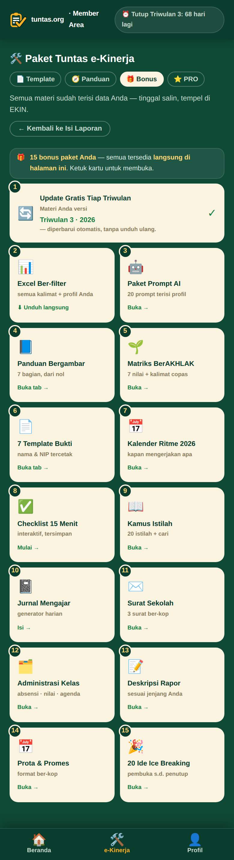 Tangkapan layar asli member area: bonus gratis dalam satu halaman
