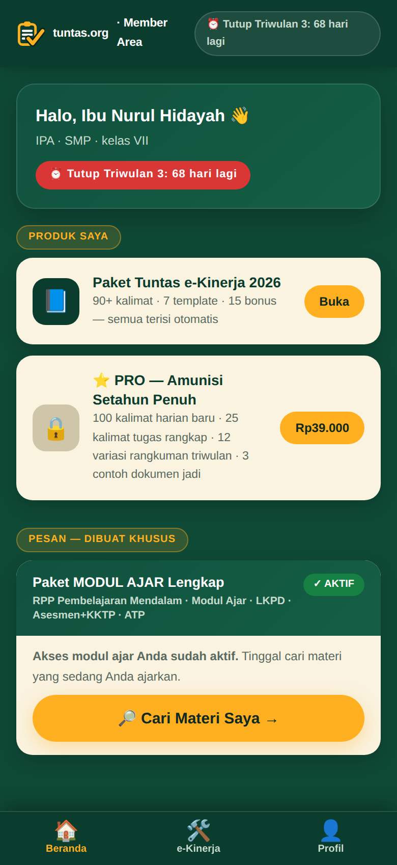 Tangkapan layar asli member area: beranda member area pribadi tuntas.org