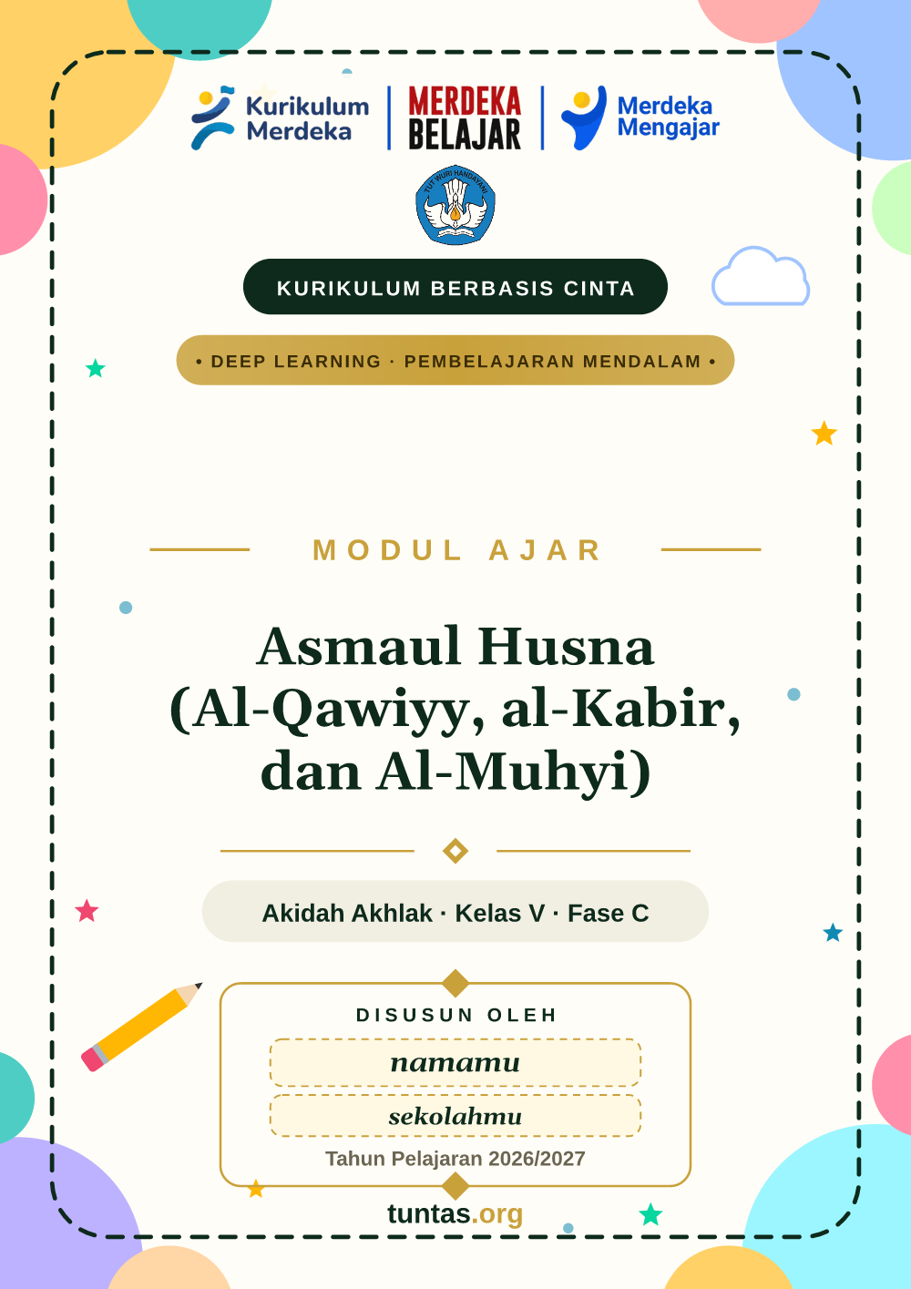 Sampul modul ajar Asmaul Husna (Al-Qawiyy, al-Kabir, dan Al-Muhyi)