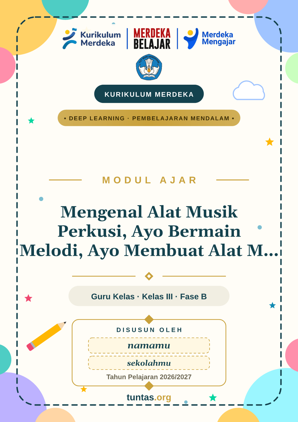 Sampul modul ajar Mengenal Alat Musik Perkusi, Ayo Bermain Melodi, Ayo Membuat Alat Musik Perkusi